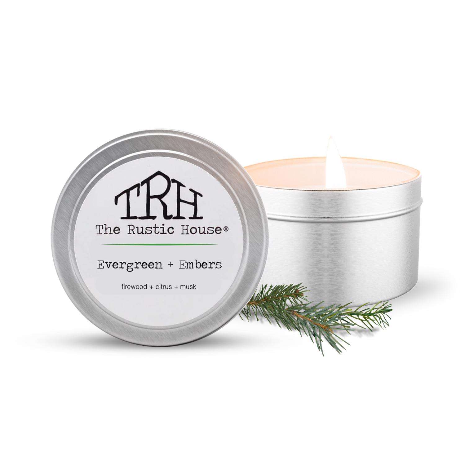  The Rustic House Silver Evergreen/Embers Scent Travel Candle 4 Oz