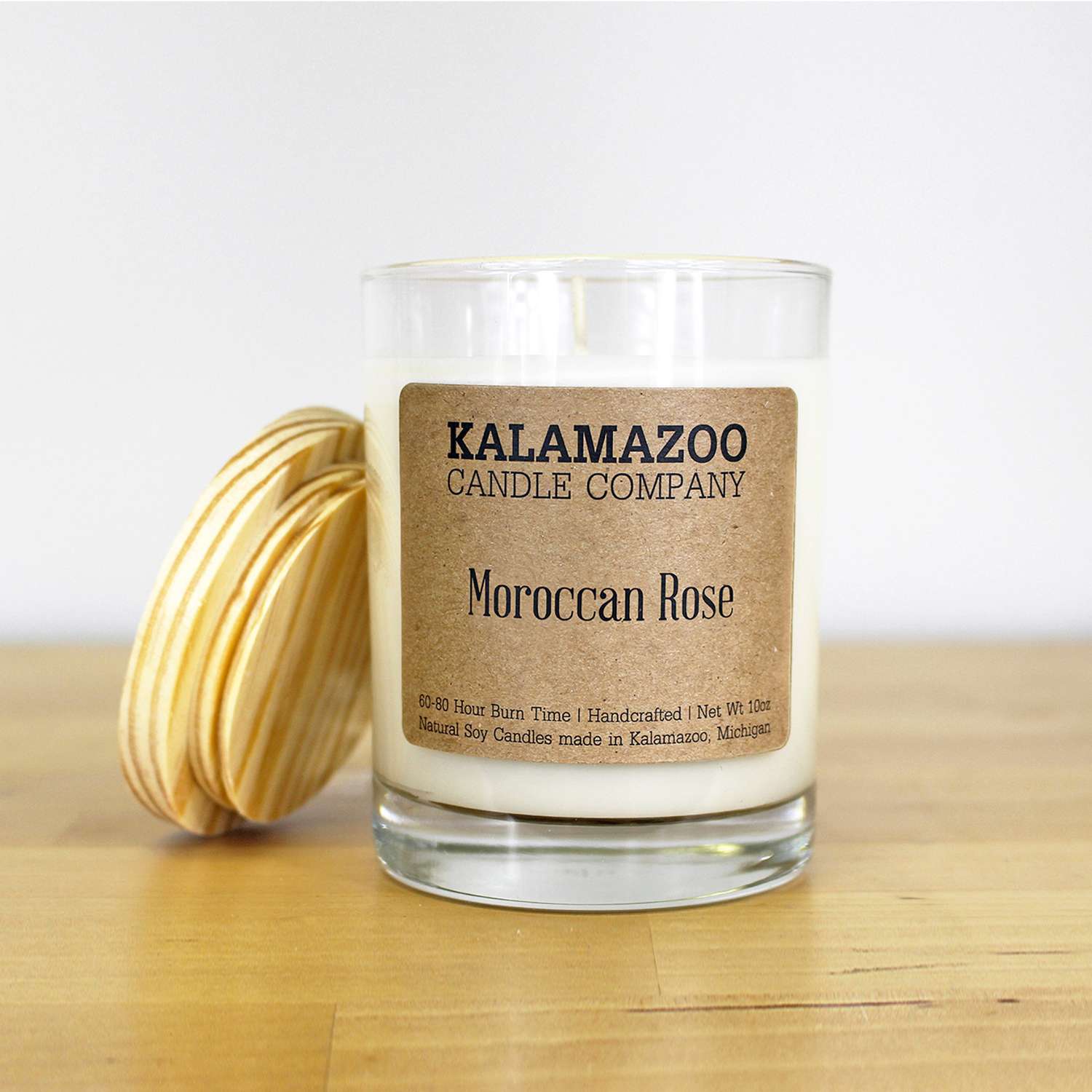  Kalamazoo Candle Company Clear Glass Jar With White Soy Wax, Wood Lid Moroccan Rose Scent Moroccan R