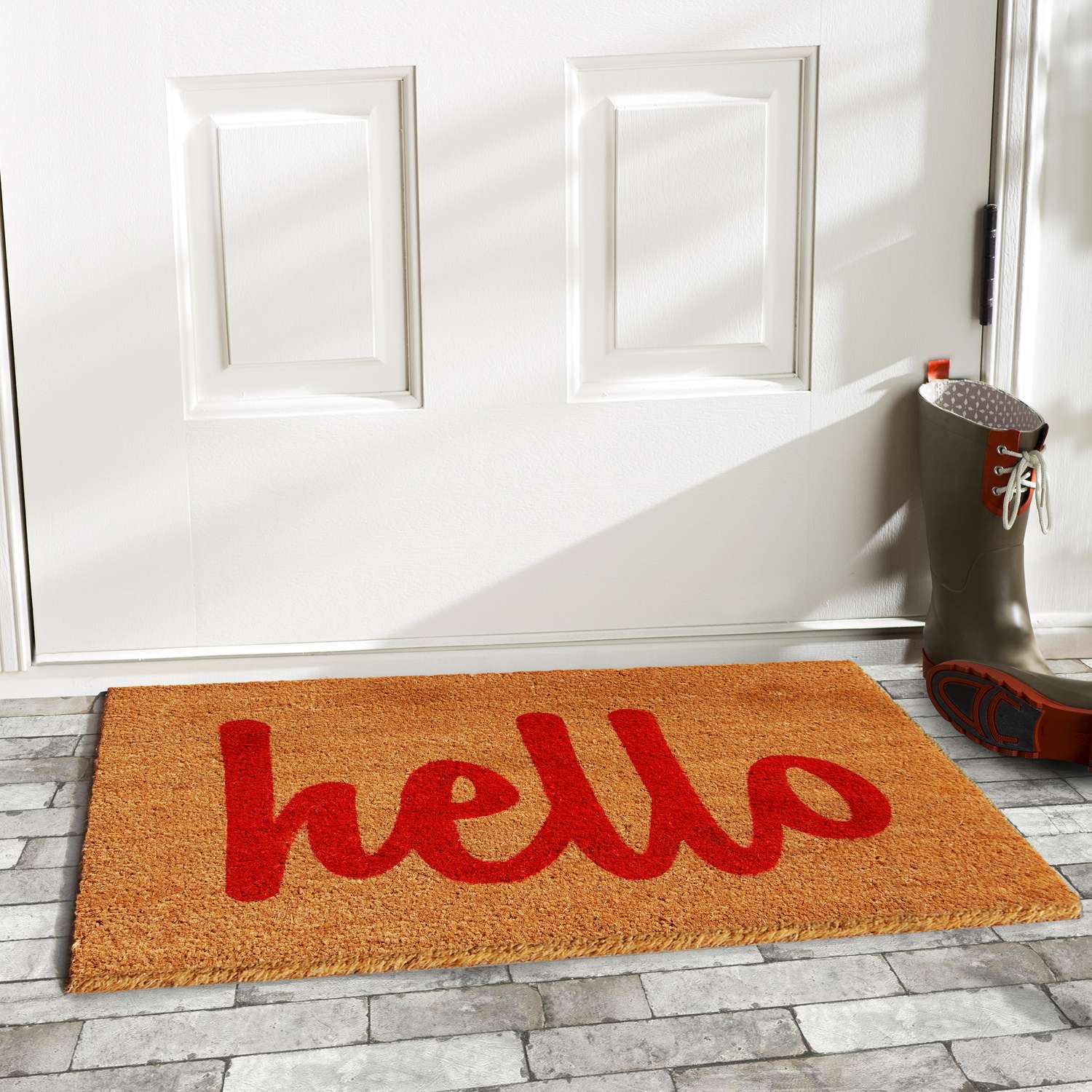  Home & More 1.42 W X 2.42 L Multi-color Hello Script Coir Door Mat