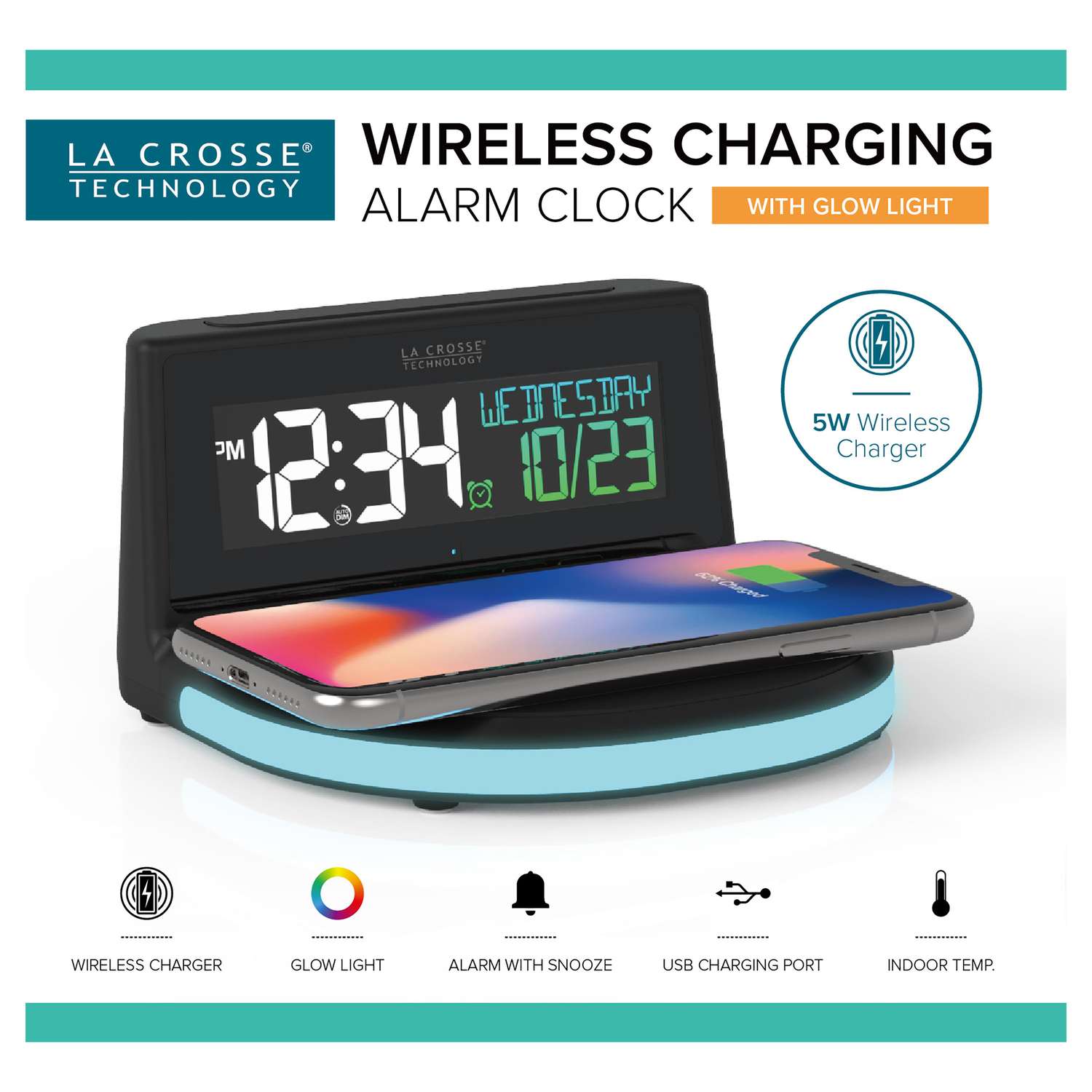  La Crosse Technology 4.97 In. Black Wireless Charging Alarm Clock Digital Plug-In