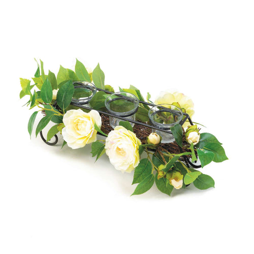  Accent Plus 4.5 In. H X 6 In. W X 13 In. L White Flowers Glass/Wood Decorative Candle Holder