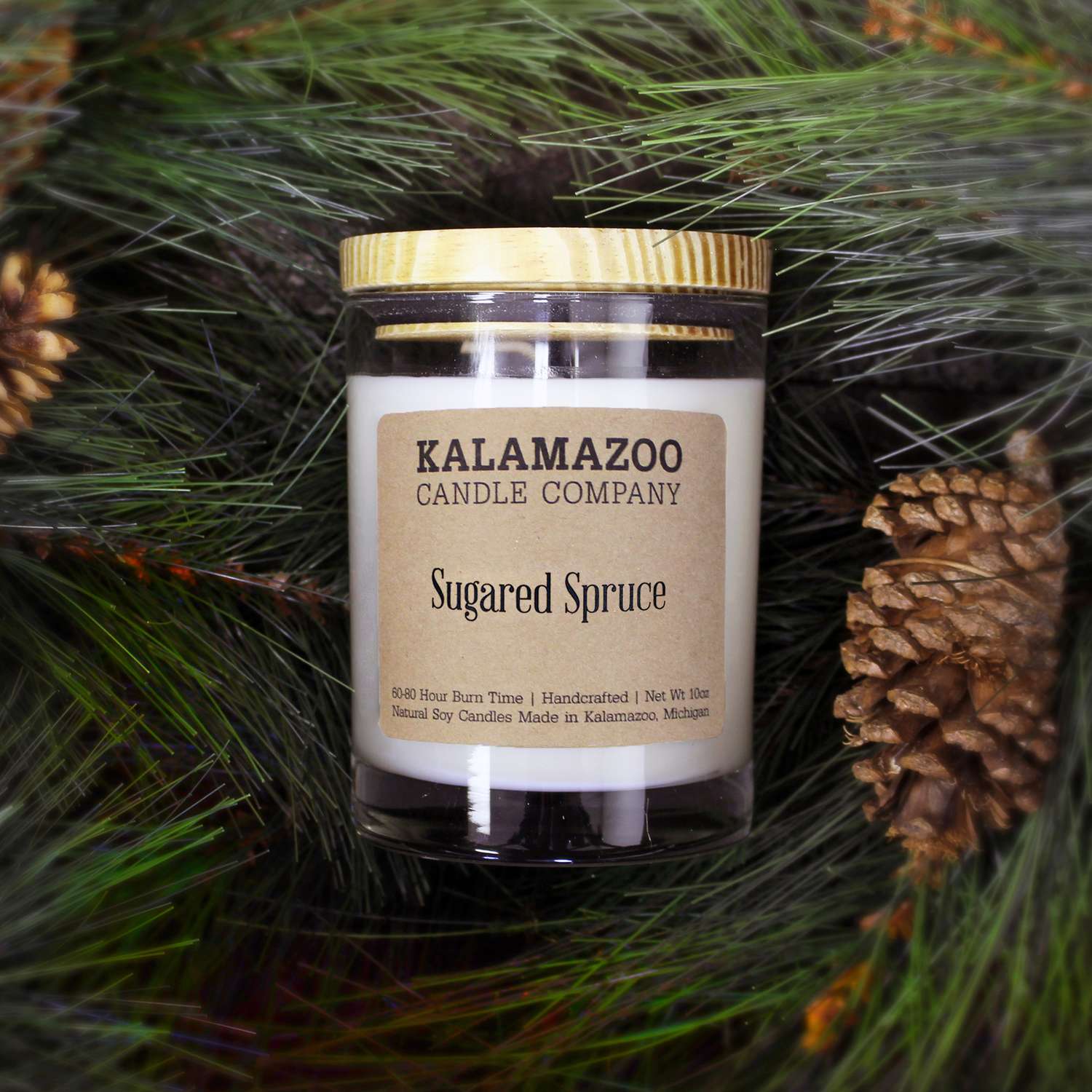  Kalamazoo Candle Company Clear Glass Jar With White Soy Wax, Wood Lid Sugared Spruce Scent Sugared S