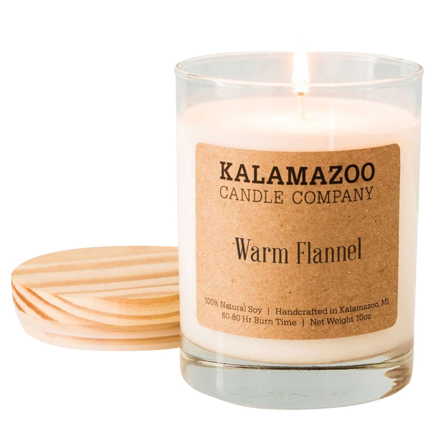  Kalamazoo Candle Company White Warm Flannel Scent Clear Glass Jar, Kraft Label On Side, Wood Lid Can