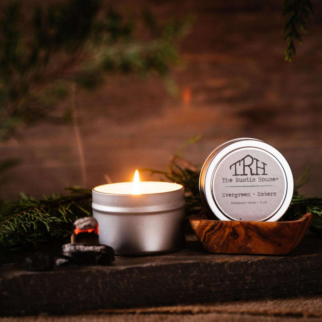  The Rustic House Silver Evergreen/Embers Scent Travel Candle 4 Oz