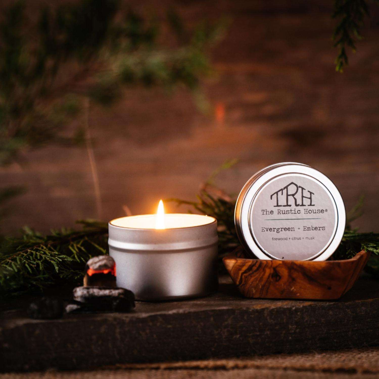  The Rustic House Silver Evergreen/Embers Scent Travel Candle 4 Oz
