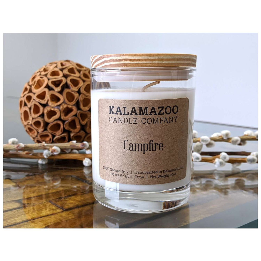  Kalamazoo Candle Company Clear Glass Jar With White Soy Wax, Wood Lid Campfire Scent Campfire, Clear