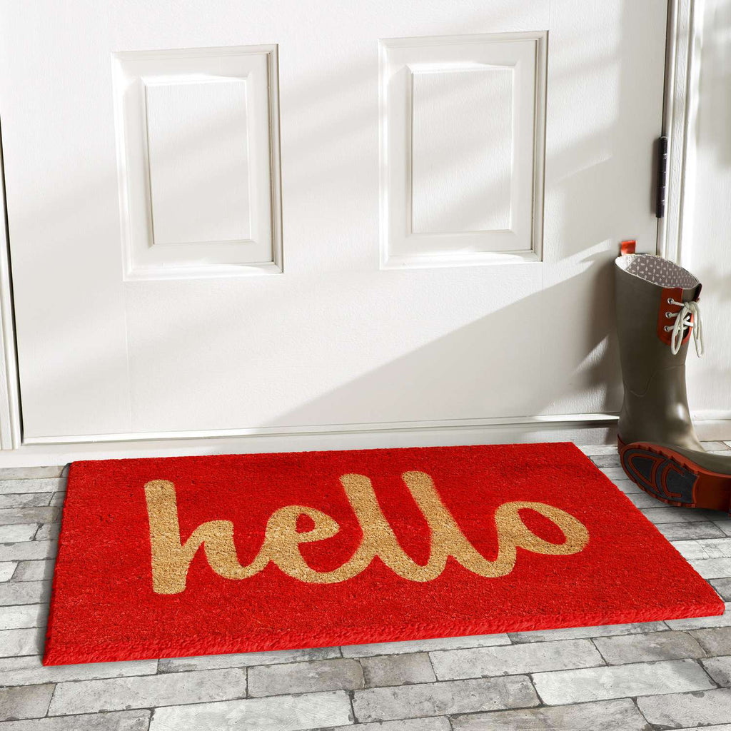  Home & More 1.42 W X 2.42 L Red Hello Script Coir Door Mat