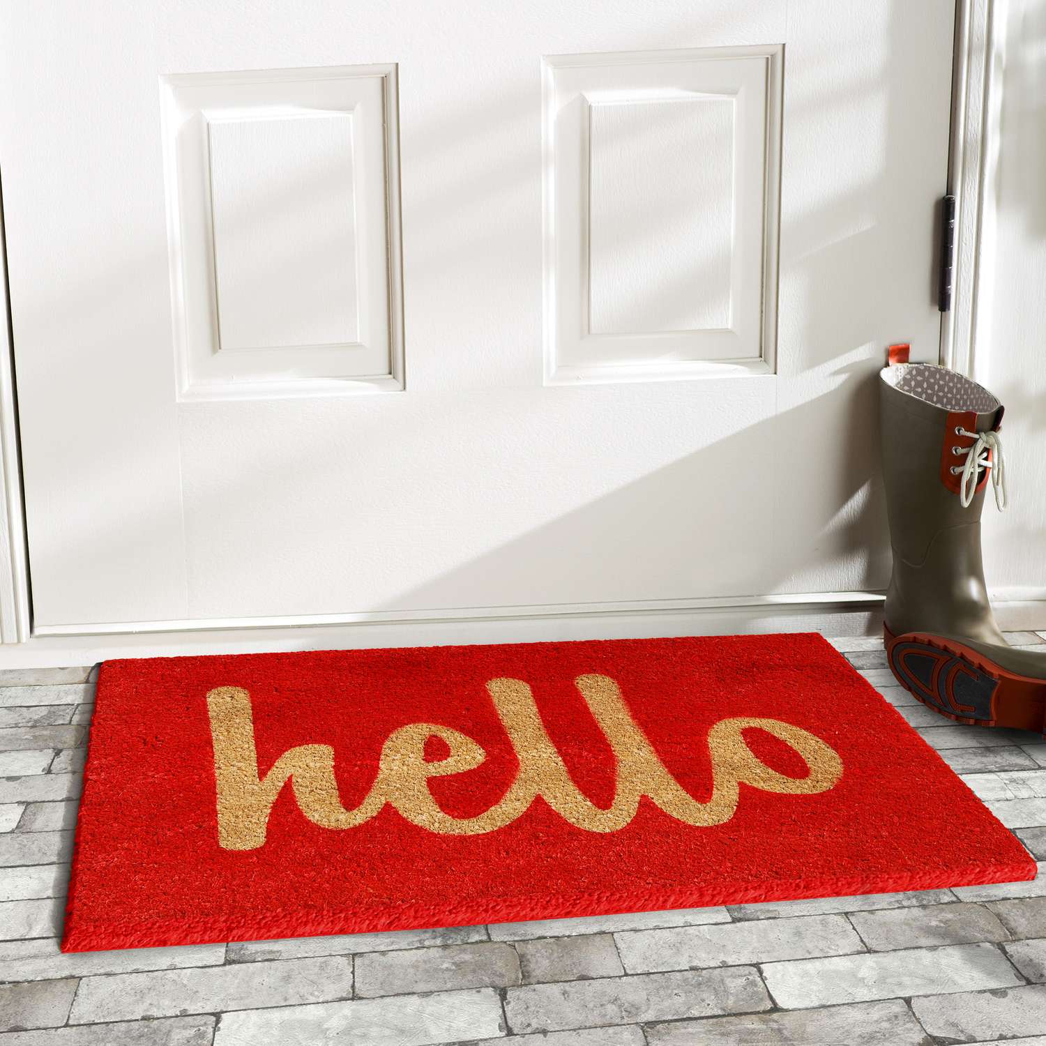  Home & More 1.42 W X 2.42 L Red Hello Script Coir Door Mat