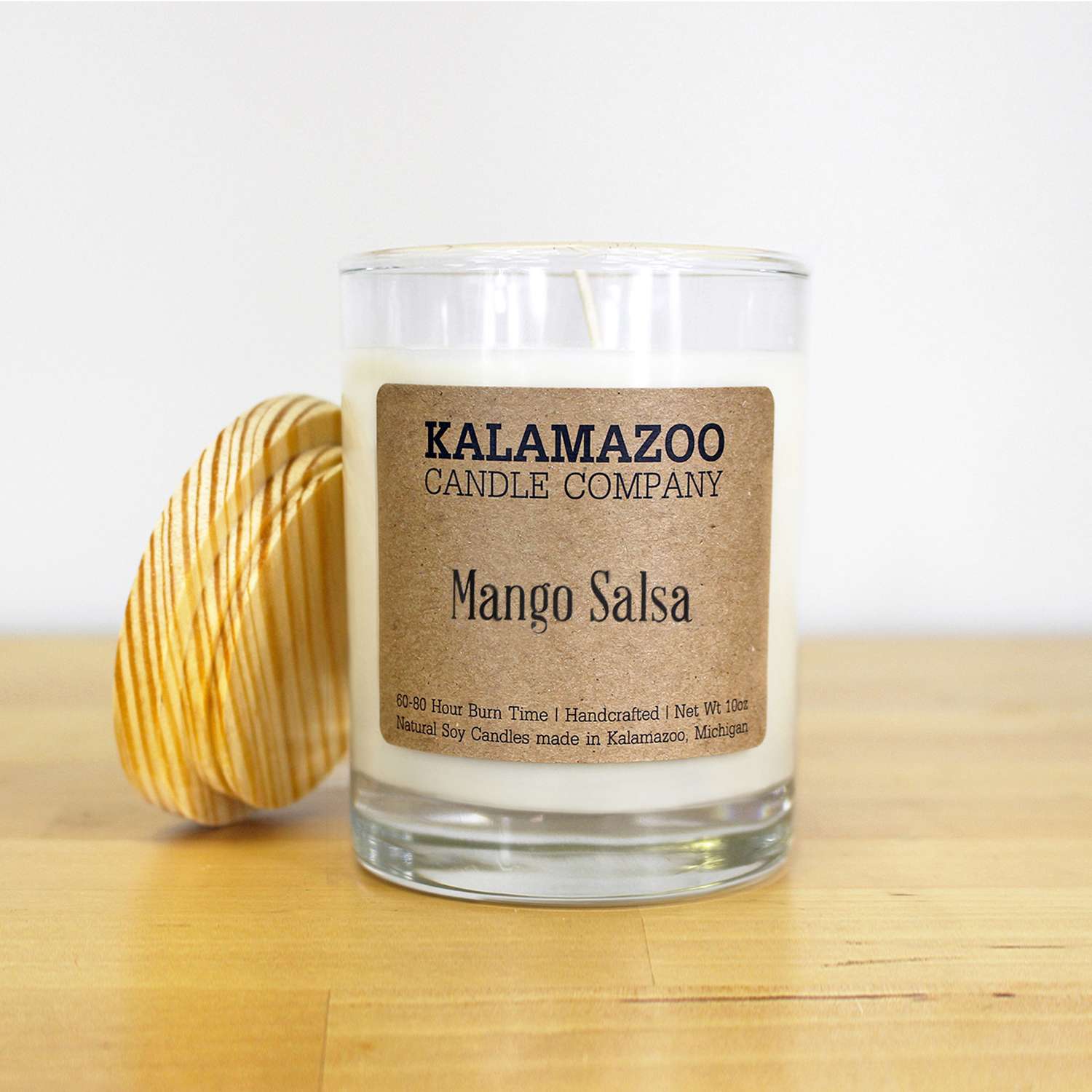  Kalamazoo Candle Company Clear Glass Jar, Kraft Lable, Wood Lid, White Soy Wax Mango Salsa Scent Man
