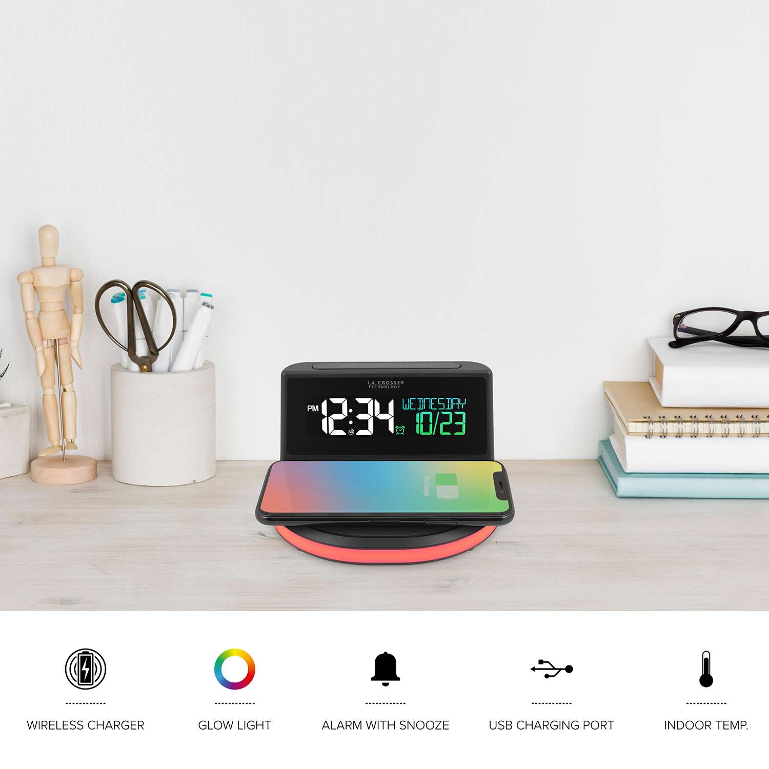  La Crosse Technology 4.97 In. Black Wireless Charging Alarm Clock Digital Plug-In