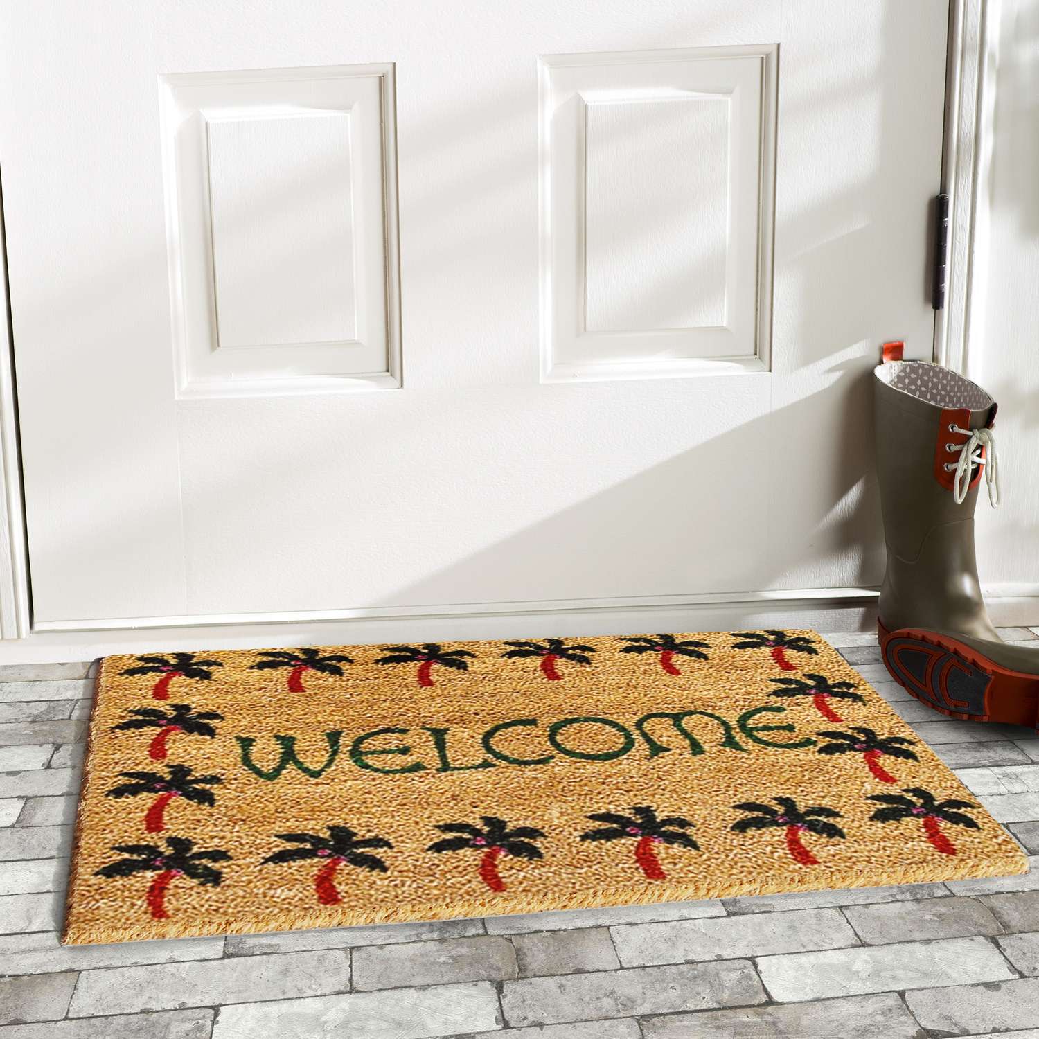  Home & More 1.42 Ft. W X 2.42 Ft. L Multi-color Palm Tree Border Welcome Coir Door Mat