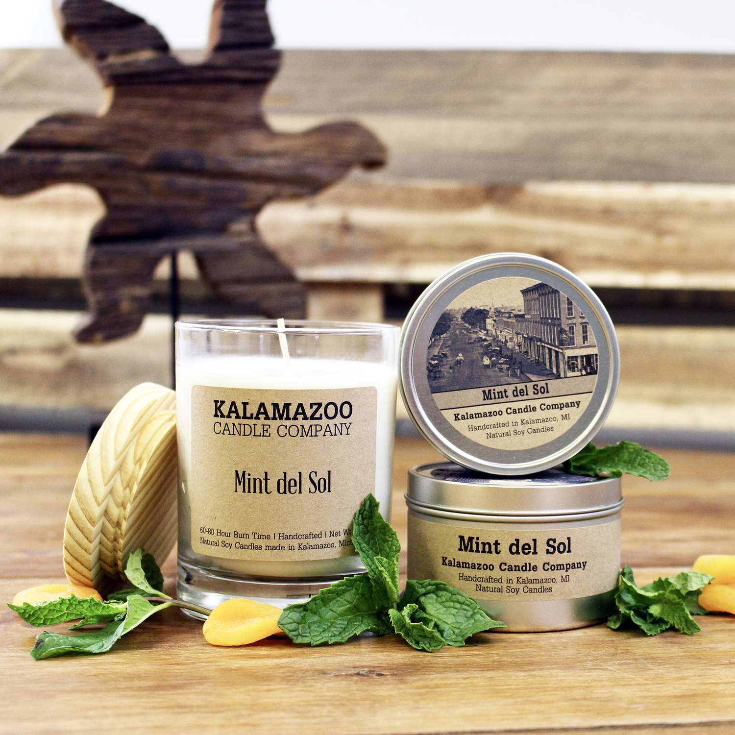  Kalamazoo Candle Company Clear Glass Jar With White Soy Wax, Wood Lid Mint Del Sol Scent Mint Del So