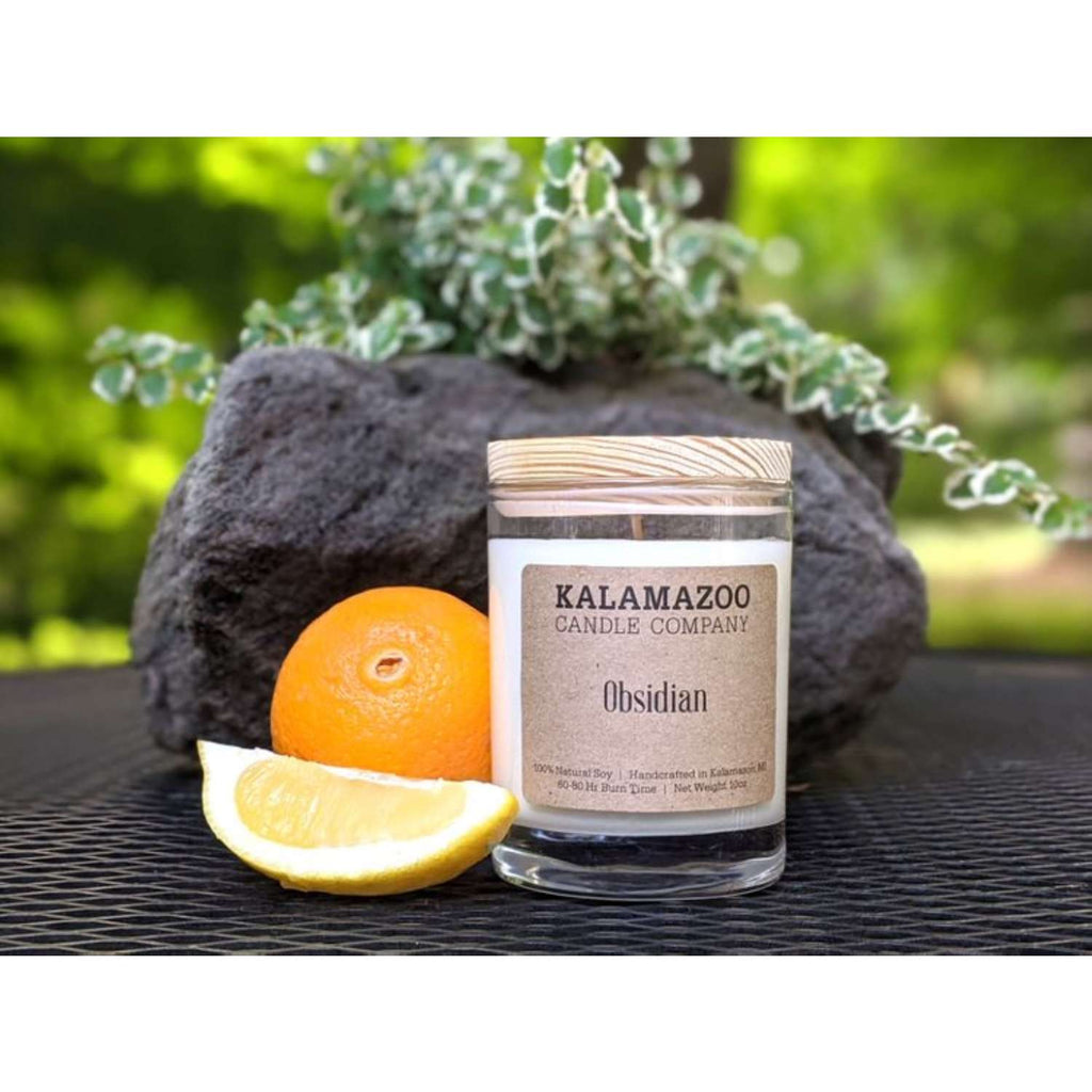  Kalamazoo Candle Company Clear Glass Jar With White Soy Wax, Wood Lid Obsidian Scent Obsidian, Clear