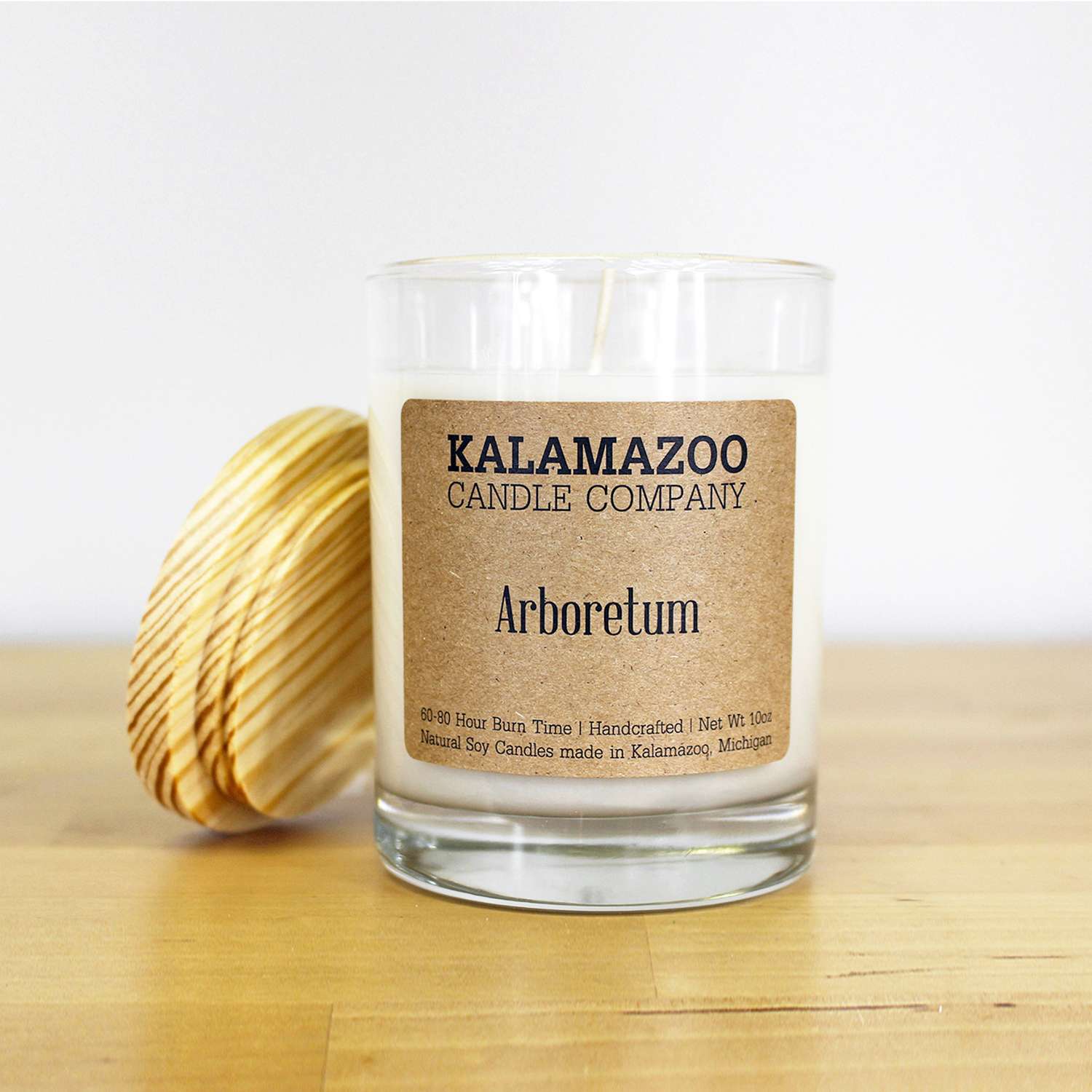  Kalamazoo Candle Company Clear Glass Jar With White Soy Wax, Wood Lid Arboretum Scent Arboretum, Cle