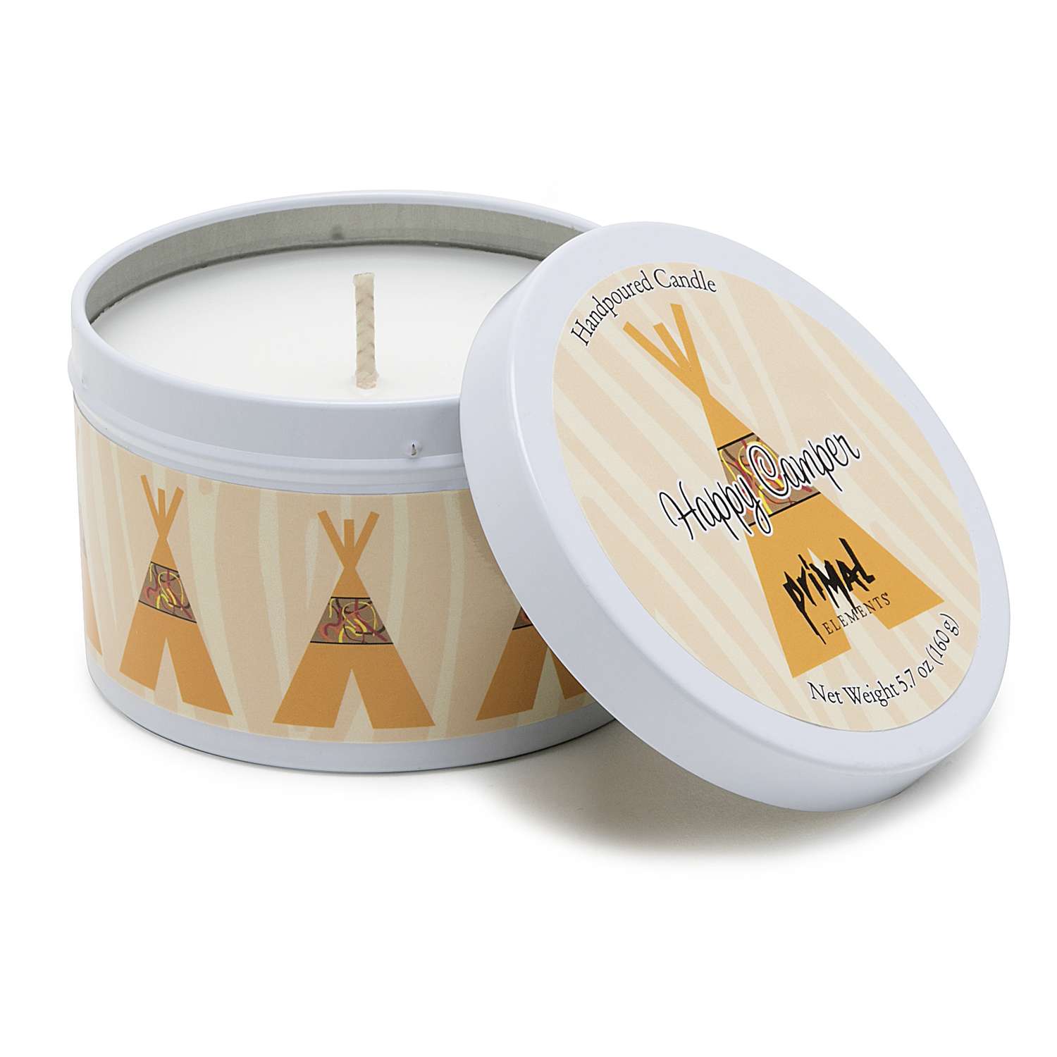  Primal Elements Tan/ White Happy Camper Scent Tin Can Candle