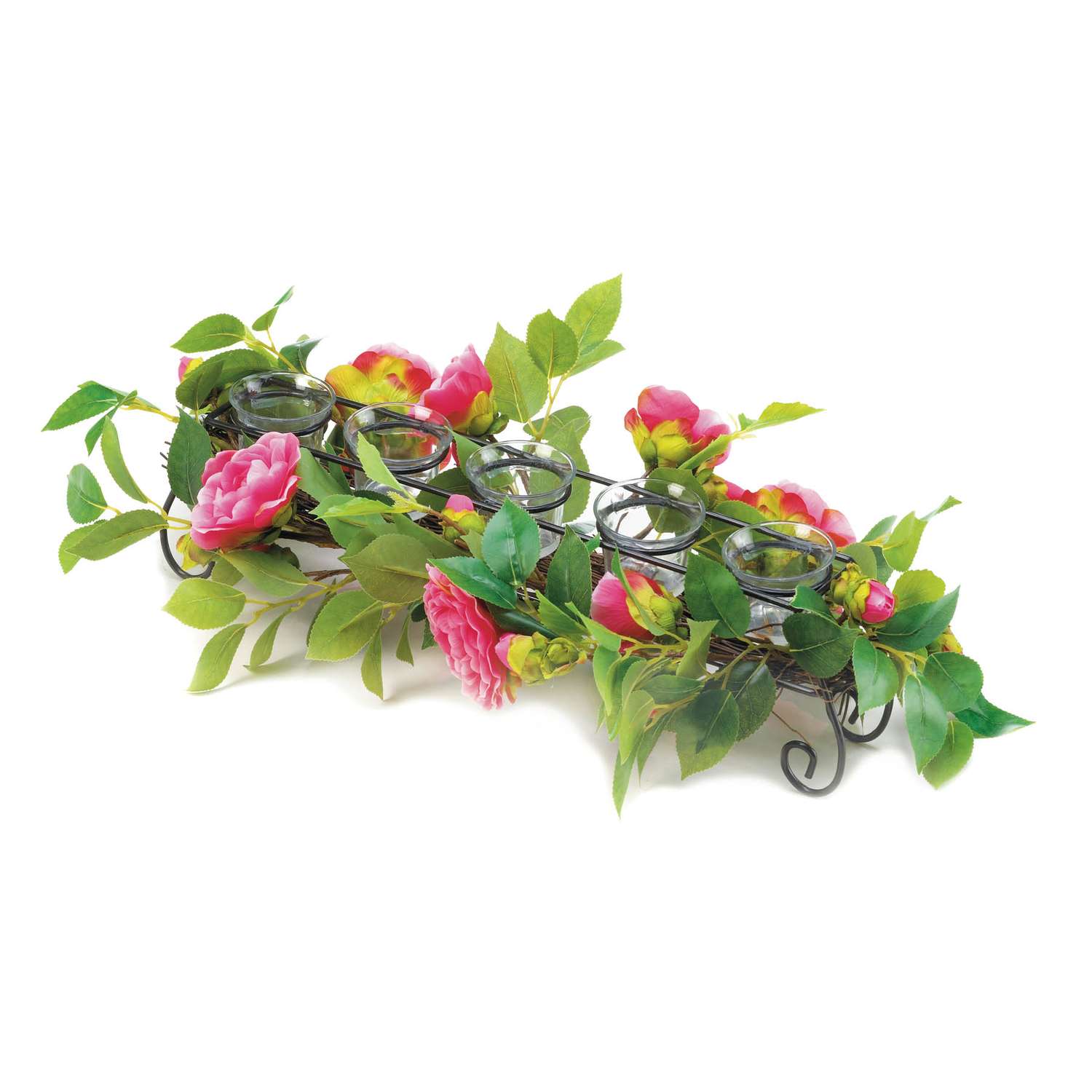  Accent Plus 4.75 In. H X 9 In. W X 18 In. L Pink Flowers Glass/Metal Decorative Candle Holder
