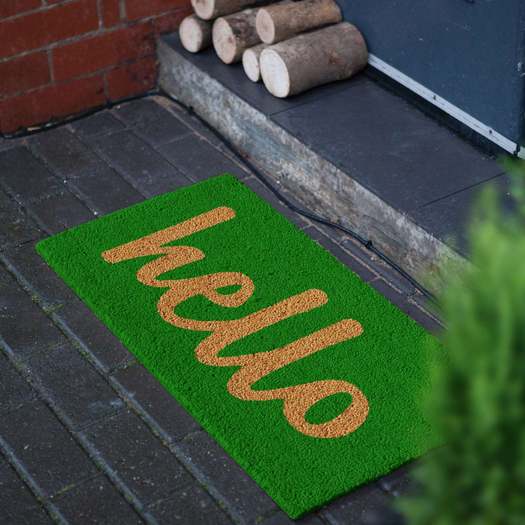  Home & More 1.42 W X 2.42 L Green Hello Script Coir Door Mat
