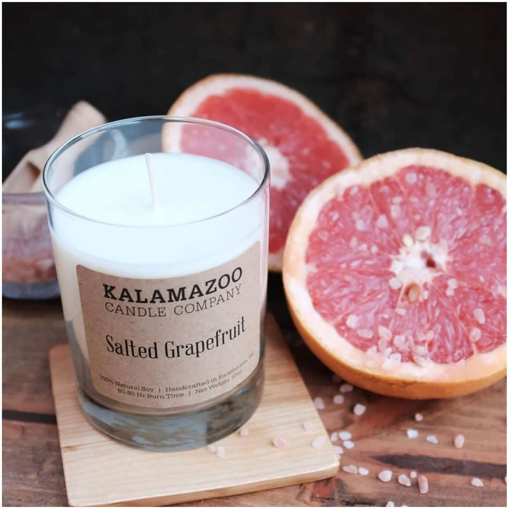  Kalamazoo Candle Company Clear Glass Jar With White Soy Wax, Wood Lid Salted Grapefruit Scent Salted