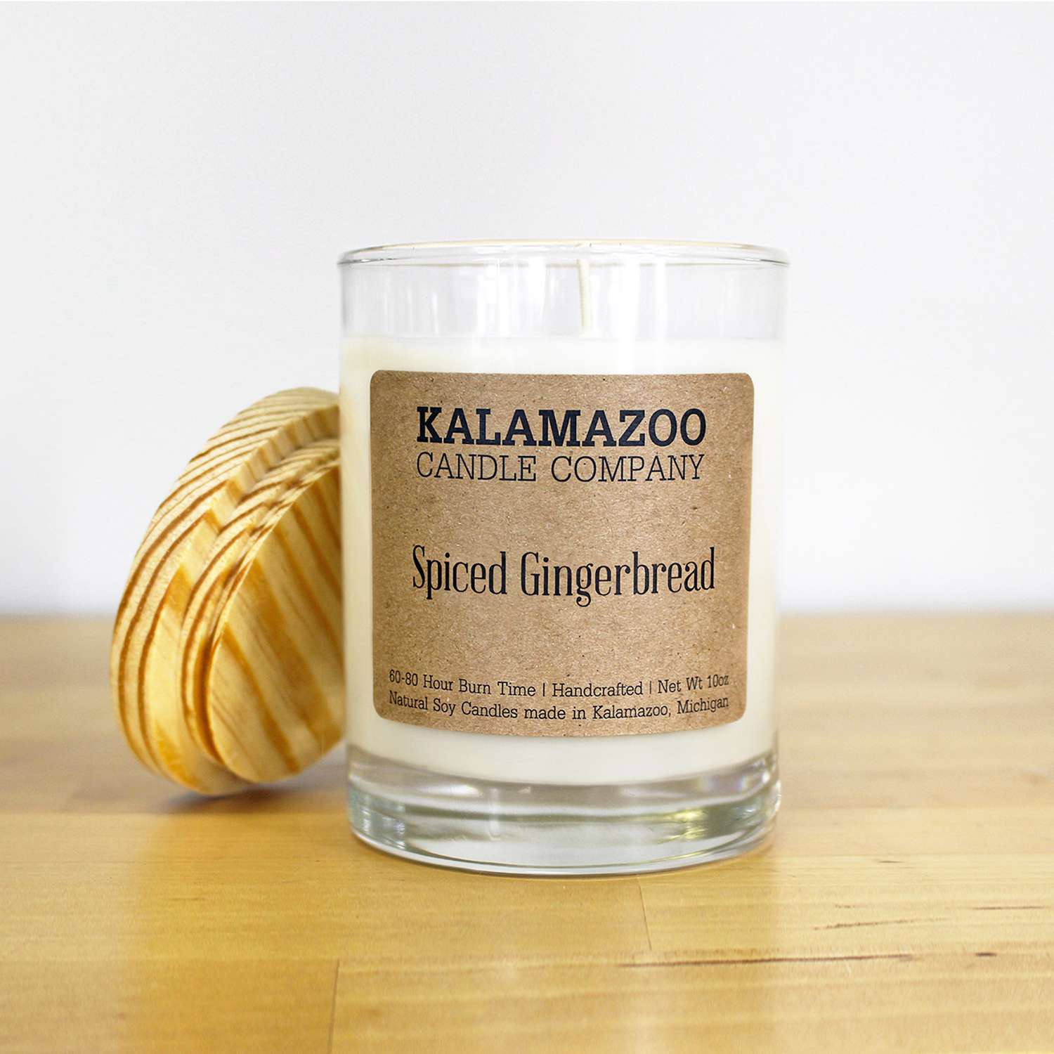  Kalamazoo Candle Company Clear Glass Jar With White Soy Wax, Wood Lid Spiced Gingerbread Scent Spice