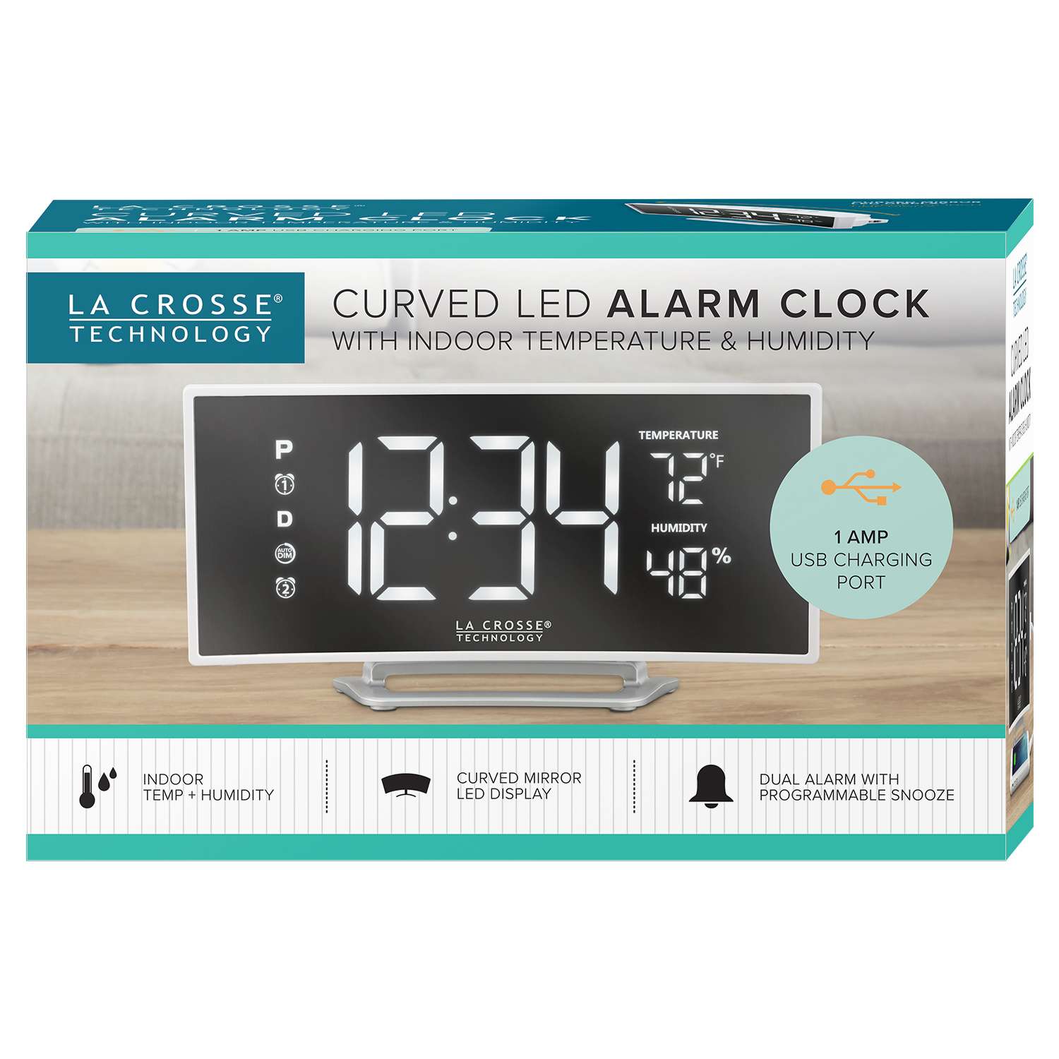 La Crosse Technology 6.5 In. White Mirror Alarm Clock LED Battery Operated