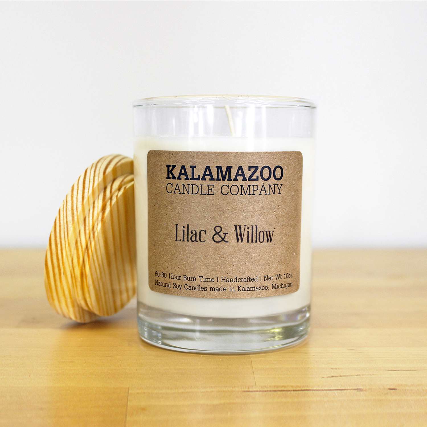 Kalamazoo Candle Company Clear Glass Jar With White Soy Wax, Wood Lid Lilac & Willow Scent Lilac & W